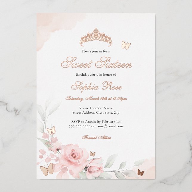 Pink Floral Rose Butterfly Sweet Sixteen  Foil Invitation (Front)