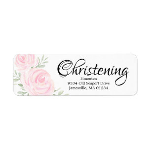 Pink Floral Rose Christening Return Address Labels
