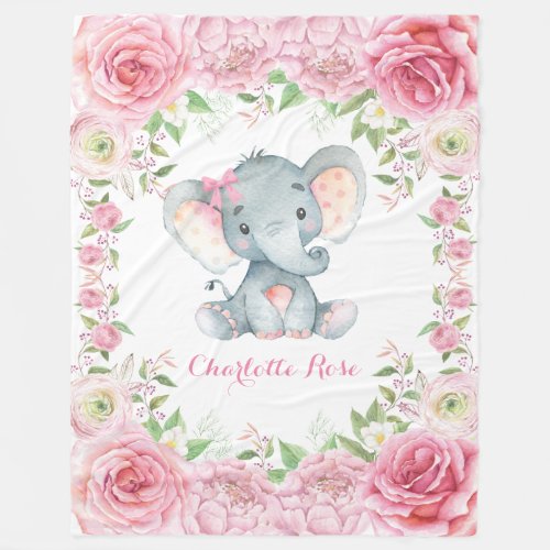 Pink Floral Rose Elephant Baby Girl Nursery Fleece Blanket