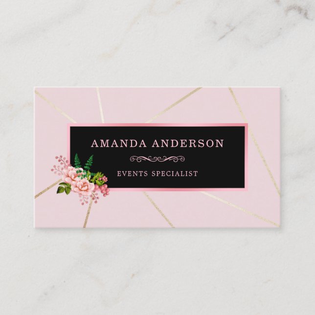 Pink Floral Rose Frame on Stripes Business Card (Front)