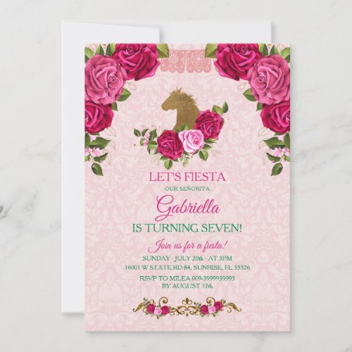 Pink Floral Rose Girl is Turning Seven Birthday Invitation