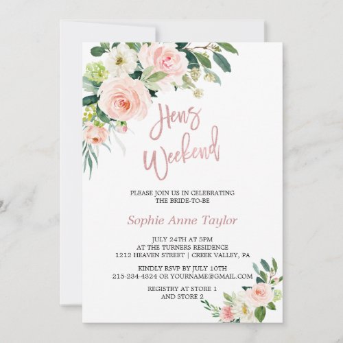Pink Floral Rose Gold Bachelorette Weekend Party Invitation