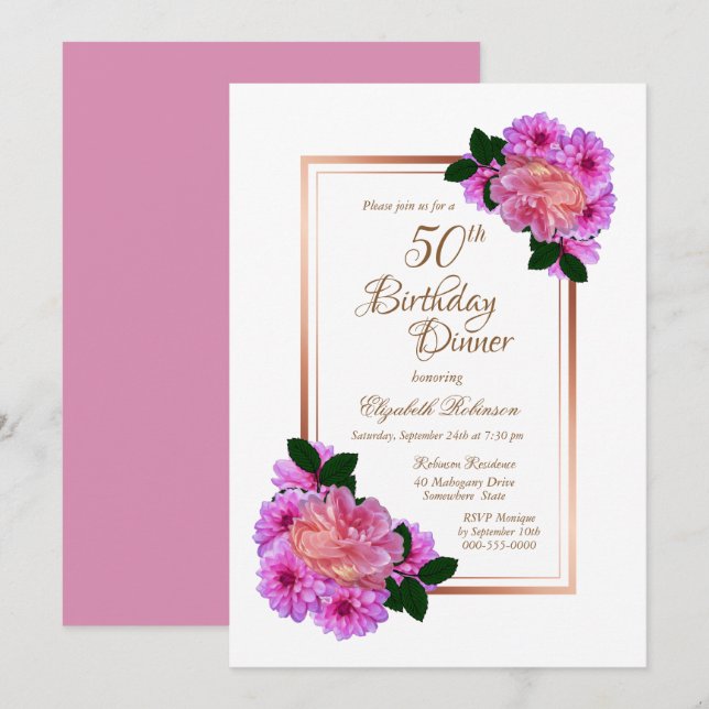 Pink Floral Rose Gold Border 50th Birthday Dinner Invitation (Front/Back)