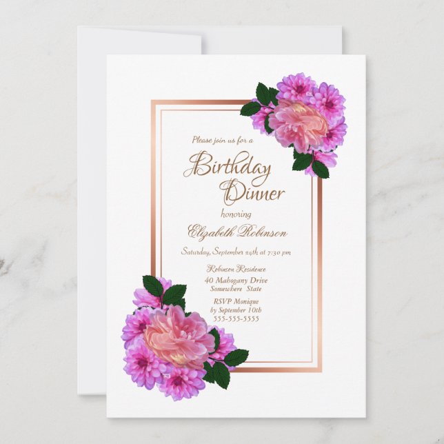 Pink Floral Rose Gold Border Birthday Dinner Invitation (Front)