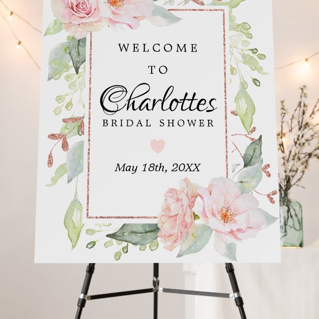 Pink Floral Rose Gold Bridal Shower Welcome Foam Board (In Situ (Stand))
