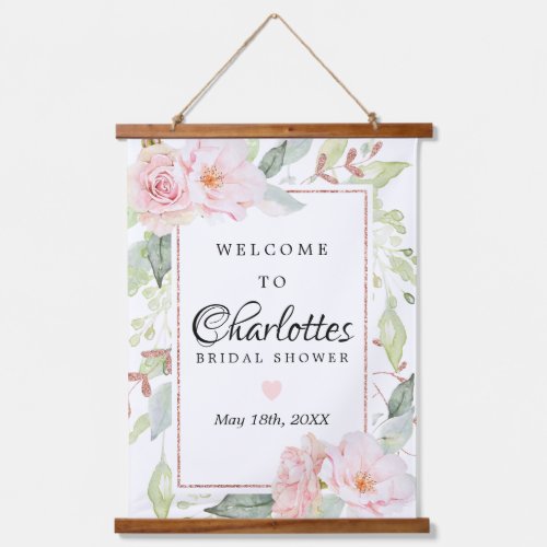 Pink Floral Rose Gold Bridal Shower Welcome Sign Hanging Tapestry
