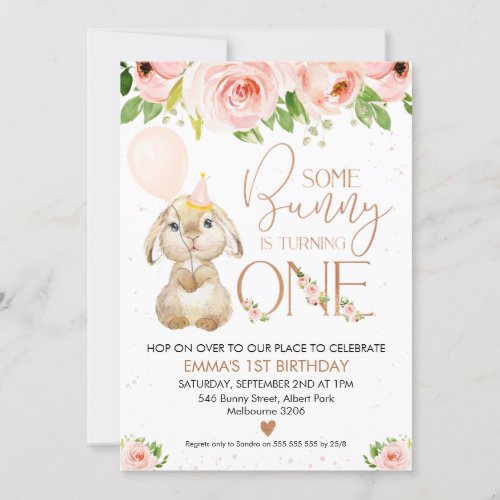 Pink Floral Rose Gold Bunny 1st Birthday Invitation