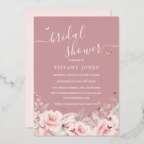 Pink Floral Rose Gold Butterfly Bridal Shower  Foil Invitation