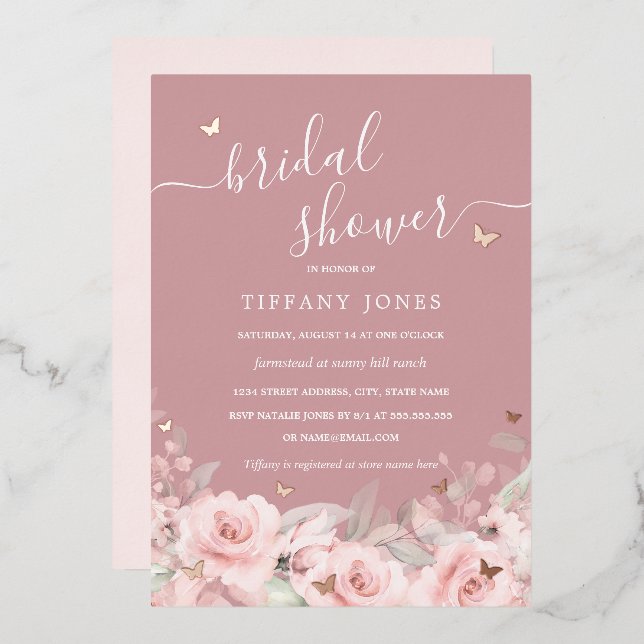 Pink Floral Rose Gold Butterfly Bridal Shower  Foil Invitation (Front/Back)