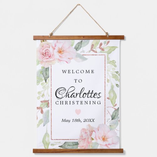 Pink Floral Rose Gold Christening Welcome Sign Hanging Tapestry