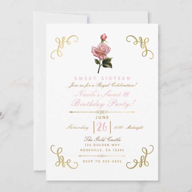 Pink Floral Rose & Gold Corners Sweet 16 Party Invitation (Front)