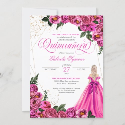 Pink Floral Rose  Gold Elegant Gown Quinceaera I Invitation