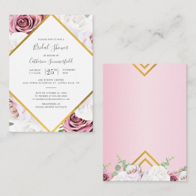 Pink Floral Rose Gold Geometric Bridal Shower  Note Card (Front/Back)