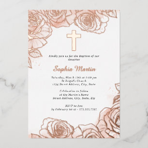 Pink Floral Rose Gold Girl Baptism Foil Invitation