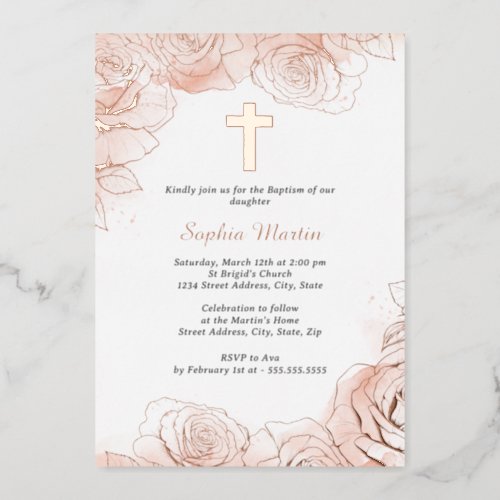 Pink Floral Rose Gold Girl Baptism  Foil Invitation