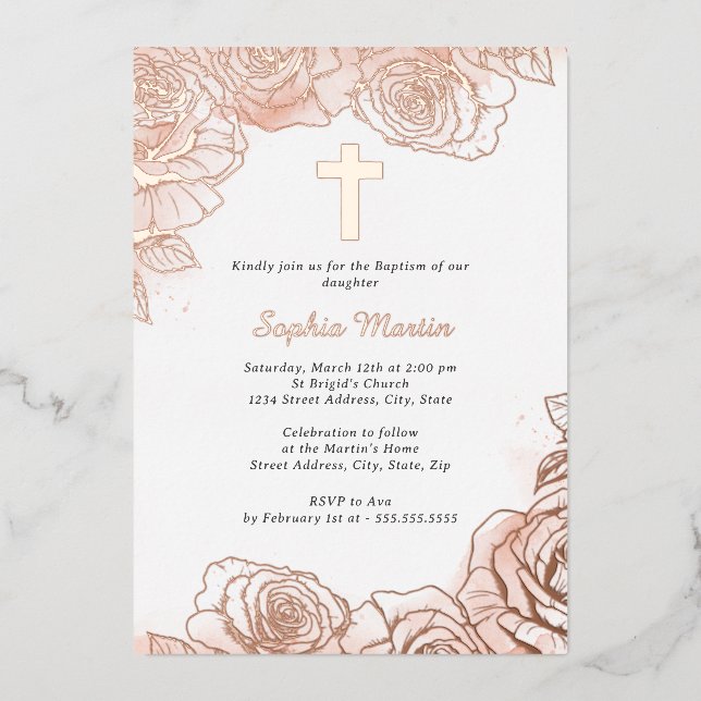 Pink Floral Rose Gold Girl Baptism  Foil Invitation (Front)