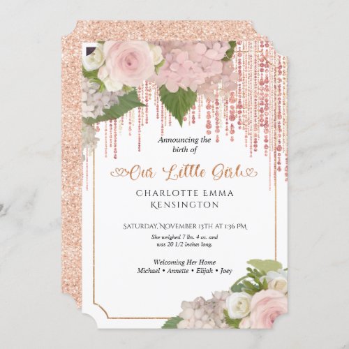 Pink Floral Rose Gold Glitter Baby Girl Sprinkle Invitation