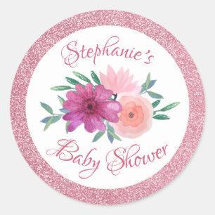 Pink Floral Rose Gold Glitter Baby Shower Classic Round Sticker