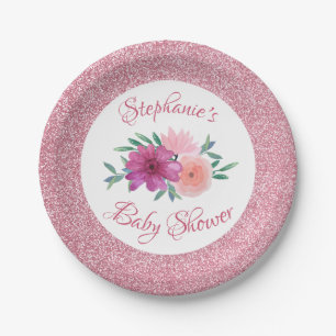 Pink Floral Rose Gold Glitter Baby Shower Paper Plates