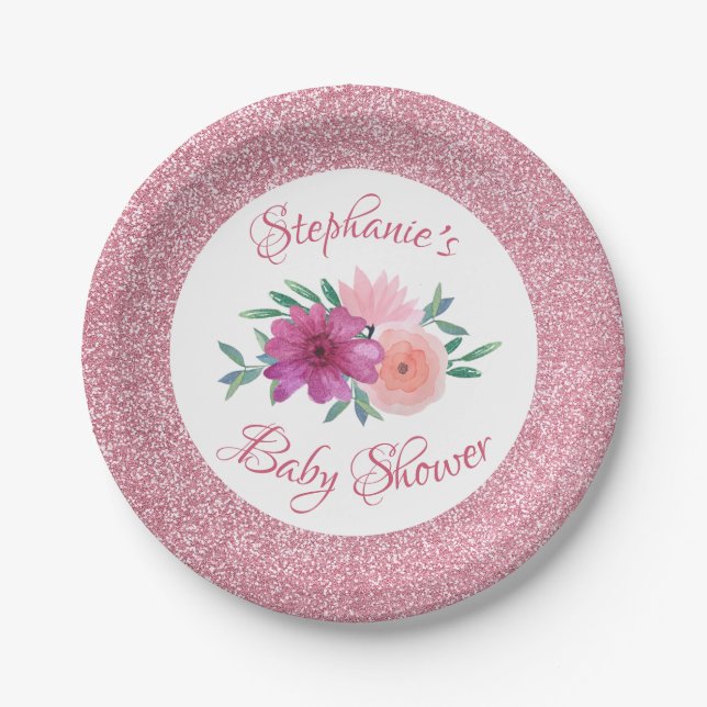 Pink Floral Rose Gold Glitter Baby Shower Paper Plates (Front)