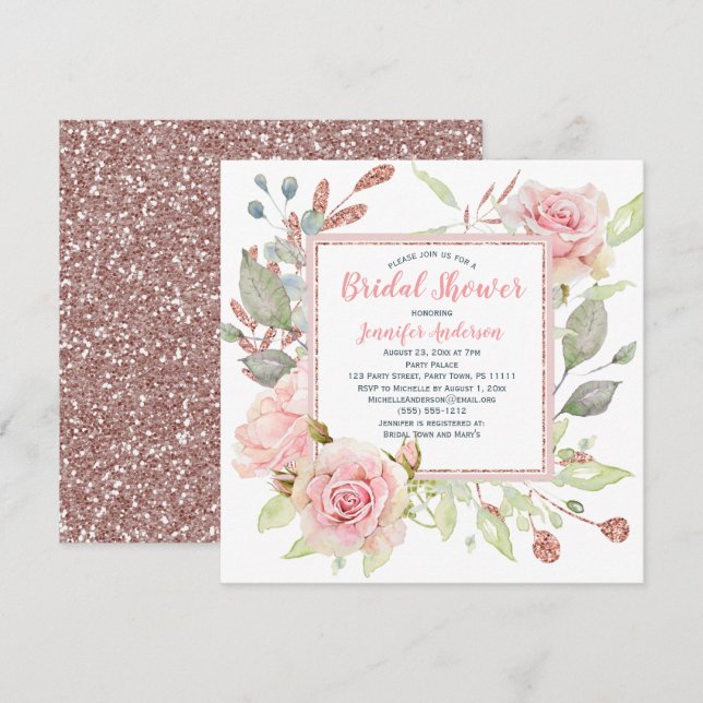 Pink Floral Rose Gold Glitter Bridal Shower Invitation (Front/Back)