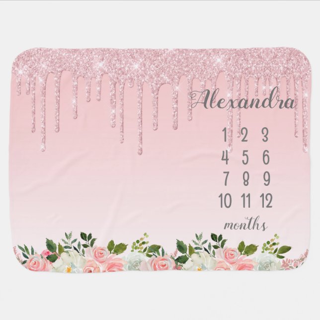 Pink Floral Rose Gold Glitter Drips Milestone Baby Blanket (Horizontal)