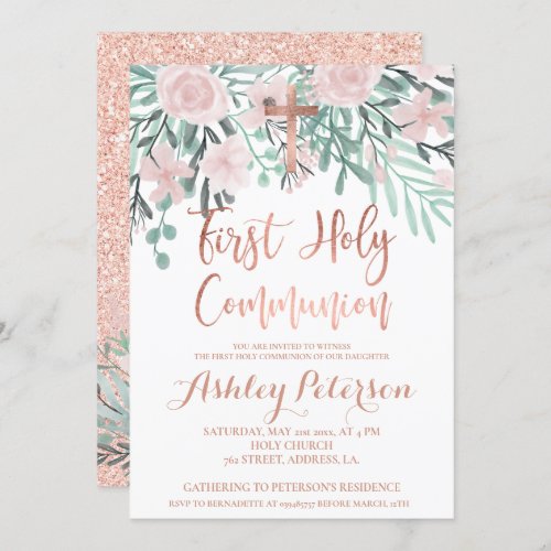 Pink floral rose gold glitter First Holy Communion Invitation