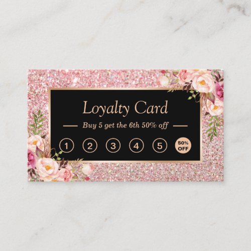 Pink Floral Rose Gold Glitter Loyalty Punch Card