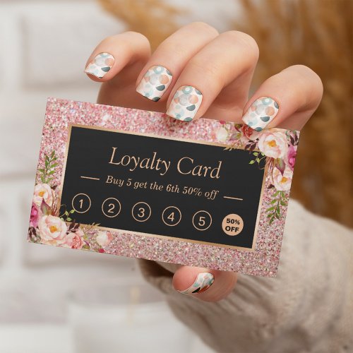 Pink Floral Rose Gold Glitter Loyalty Punch Card