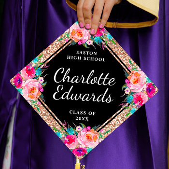 Pink Floral Rose Gold Glitter Name Year School Graduation Cap Topper by girlygirlgraphics at Zazzle