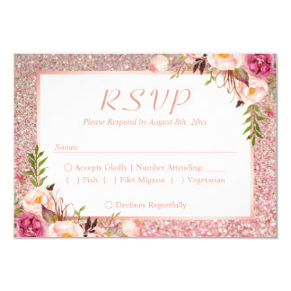 Pink Floral Rose Gold Glitter RSVP Meal Choice Card