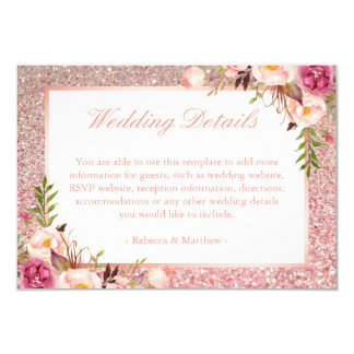 Pink Floral Rose Gold Glitter Wedding Details Info Card