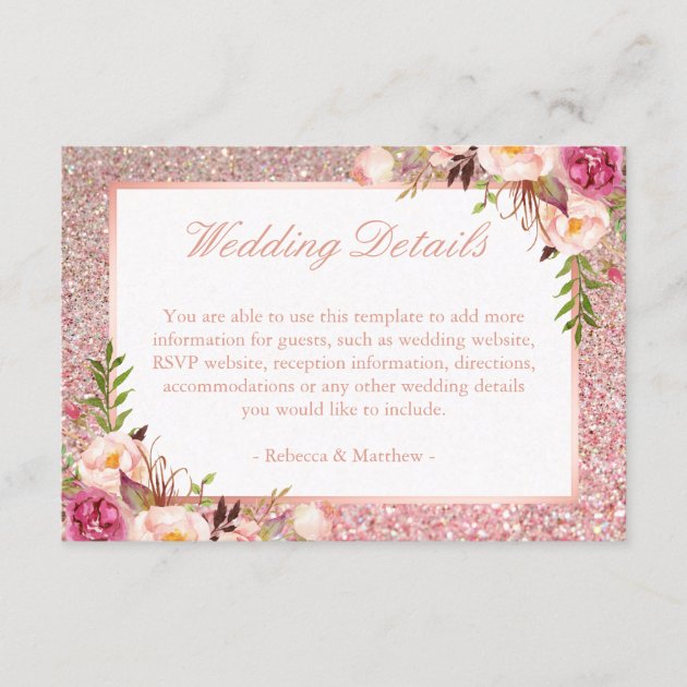 Pink Floral Rose Gold Glitter Wedding Details Info Enclosure Card