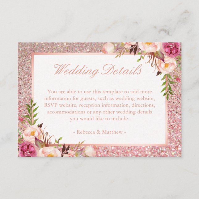 Pink Floral Rose Gold Glitter Wedding Details Info Enclosure Card (Front)