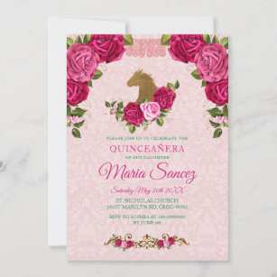 Pink Floral Rose & Gold Horse Quinceanera Birthday Invitation
