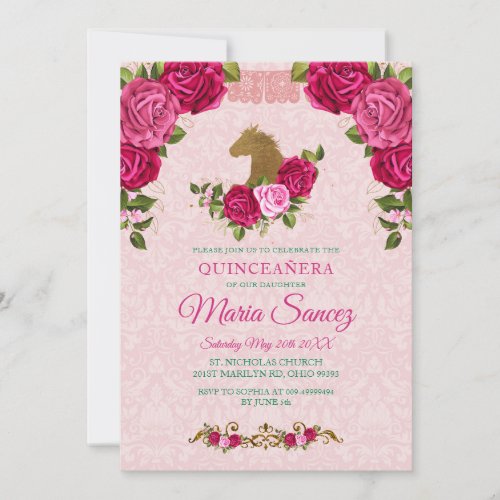 Pink Floral Rose  Gold Horse Quinceanera Birthday Invitation