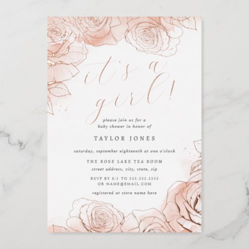 Pink Floral Rose Gold Its a Girl Baby Shower  Foil Invitation