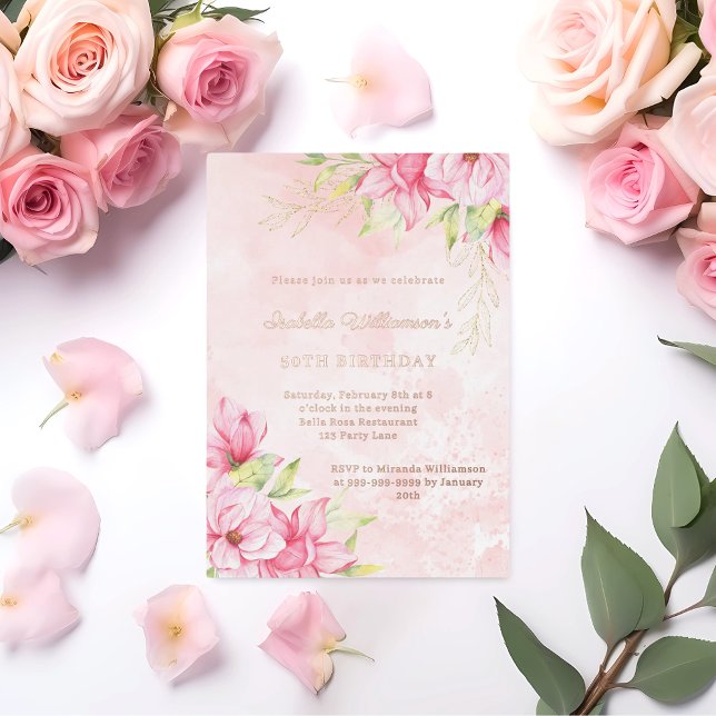 Pink floral rose gold luxury birthday foil invitation (Creator Uploaded)