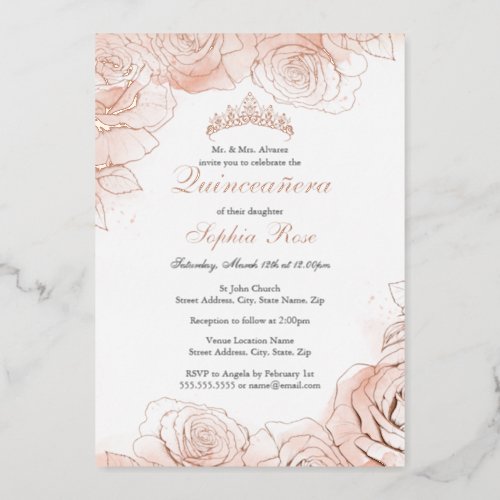 Pink Floral Rose Gold Quinceanera  Foil Invitation