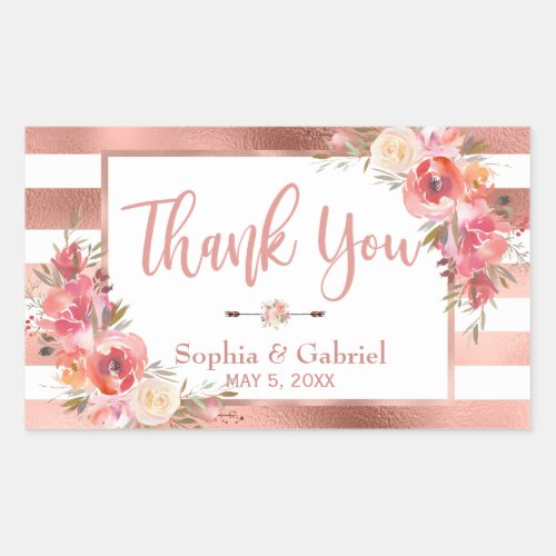 Pink Floral  Rose Gold Stripes Wedding Thank You Rectangular Sticker