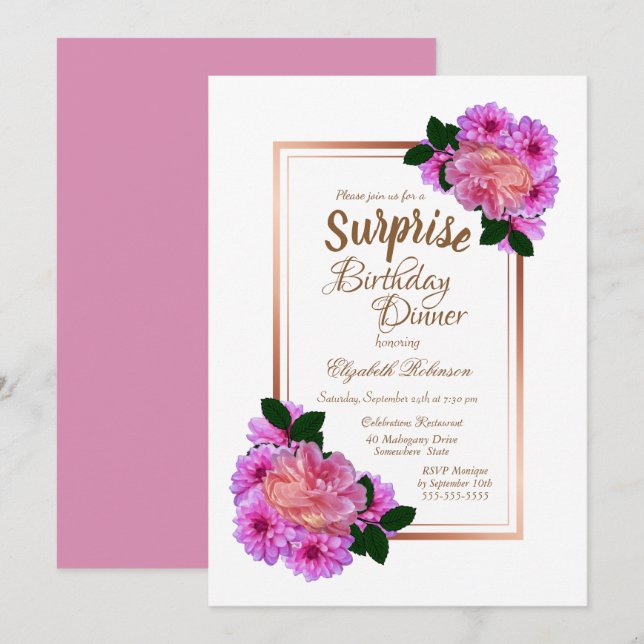 Pink Floral Rose Gold Surprise Birthday Dinner Invitation (Front/Back)