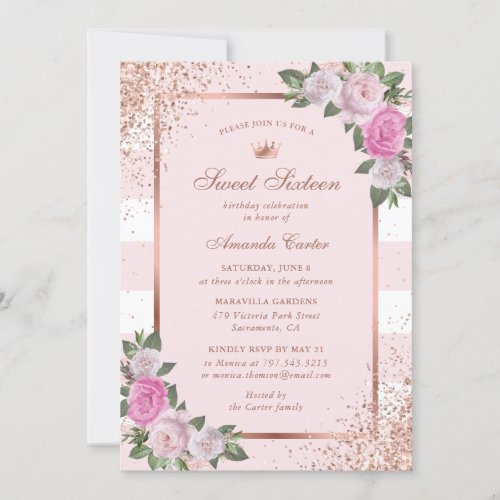 Pink Floral Rose Gold Sweet Sixteen Birthday Invitation