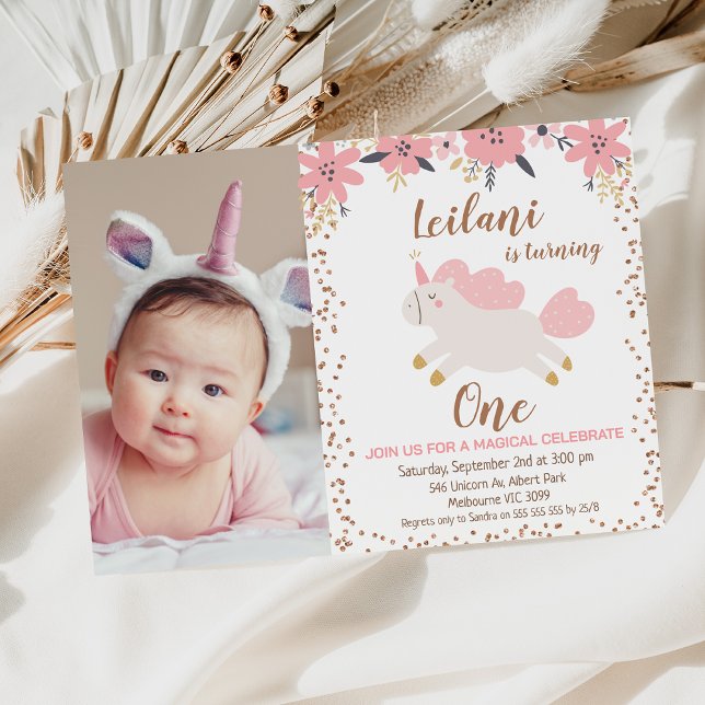 Pink Floral Rose Gold Unicorn 1st Birthday  Invitation (Pink Floral Unicorn 1st Birthday Invitation TEMPLATE, Cute Unicorn Pink Floral Rose Gold Glitter )