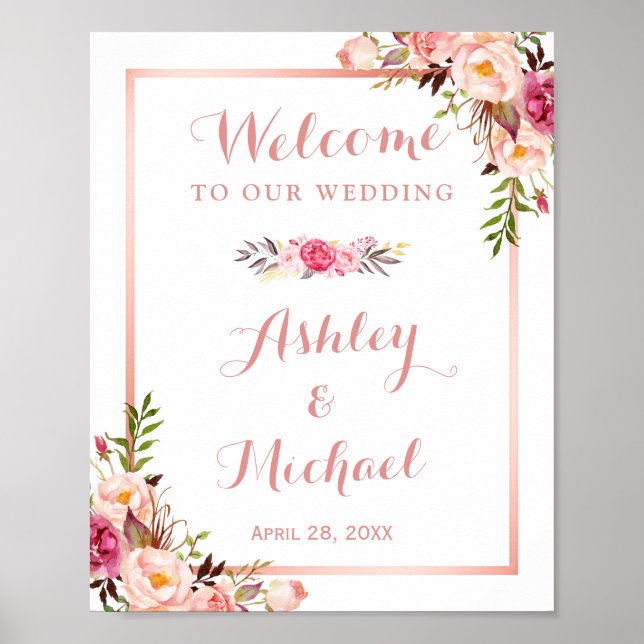 Pink Floral Rose Gold Wedding Welcome Sign (Front)