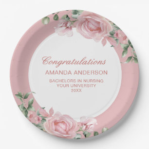 Pink Floral Rose Graduation Party Paper Plates