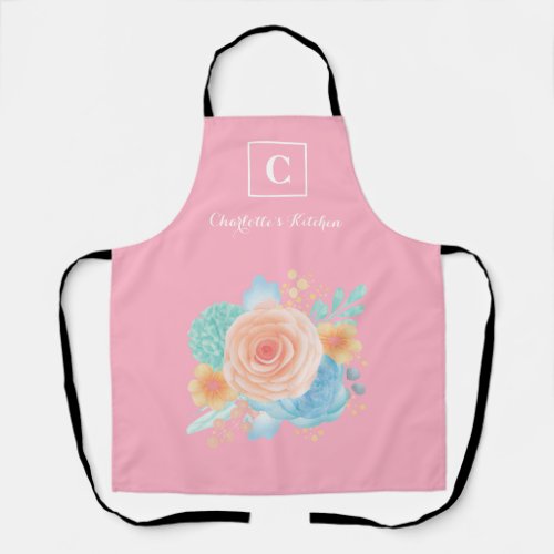 Pink Floral Rose Monogram Apron