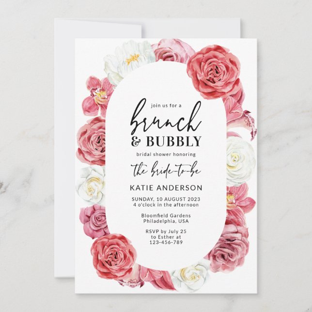 Pink Floral Rose Oval Brunch & Bubbly Shower Invitation (Front)