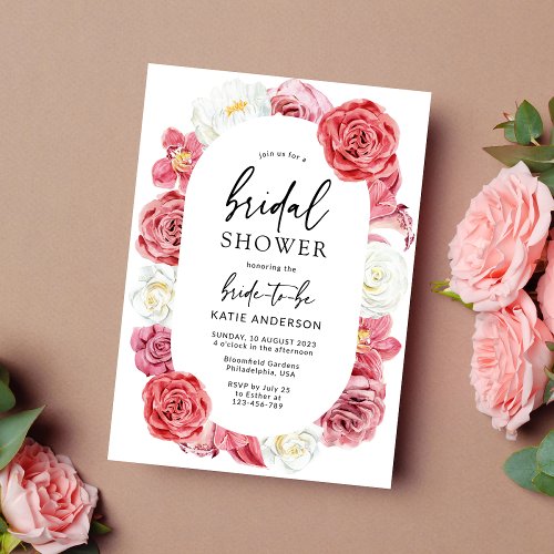 Pink Floral Rose Oval Brunch  Bubbly Shower Invitation