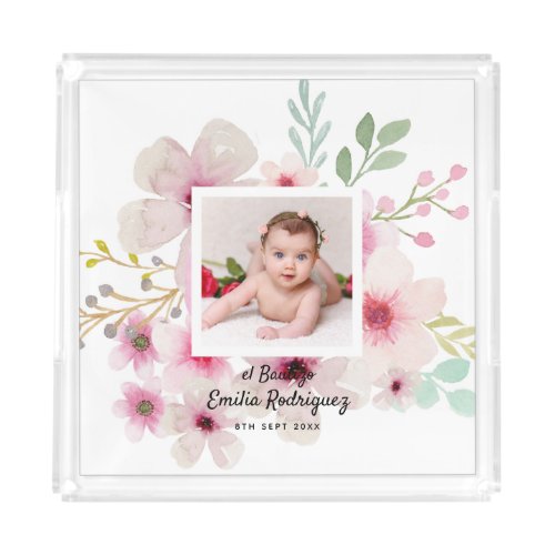 Pink Floral Rose PHOTO BAUTIZO Baptism Girls Named Acrylic Tray