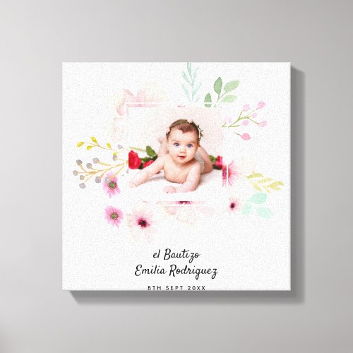 Pink Floral Rose PHOTO BAUTIZO Baptism Girls Named Canvas Print